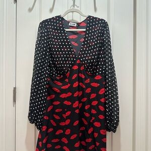 RIXO Black Dress with Red Lips and White Dots